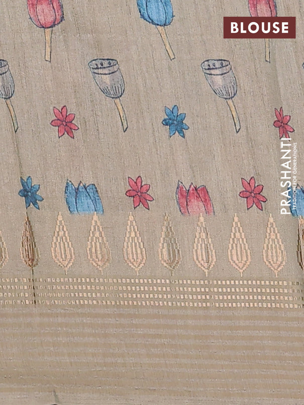 Semi tussar saree peacock blue and beige with allover kalamkari prints and zari woven border