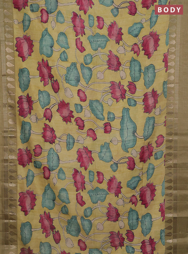 Semi tussar saree yellow shade and elaichi green with allover kalamkari prints and zari woven border