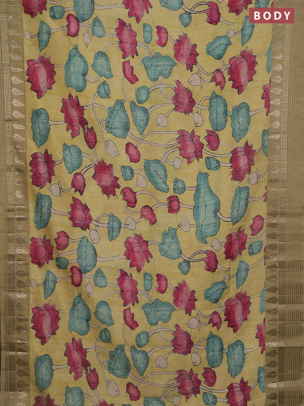 Semi tussar saree yellow shade and elaichi green with allover kalamkari prints and zari woven border