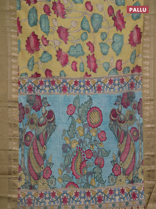 Semi tussar saree yellow shade and elaichi green with allover kalamkari prints and zari woven border