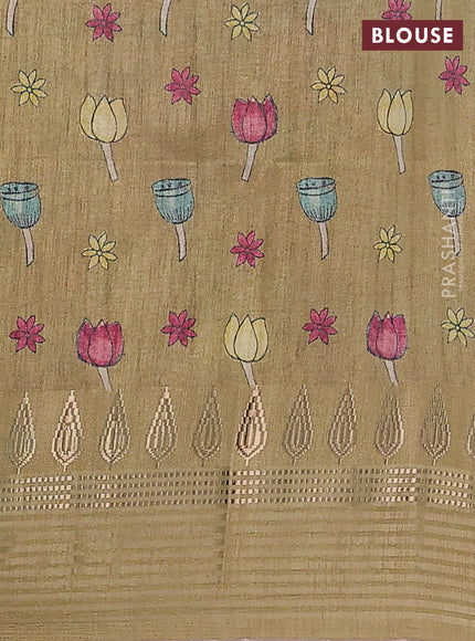 Semi tussar saree yellow shade and elaichi green with allover kalamkari prints and zari woven border