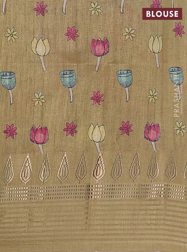 Semi tussar saree yellow shade and elaichi green with allover kalamkari prints and zari woven border