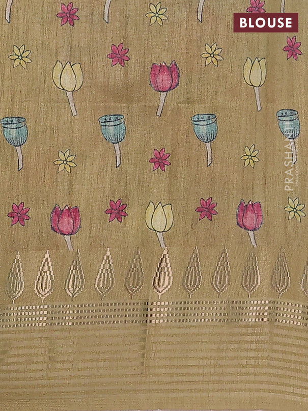 Semi tussar saree yellow shade and elaichi green with allover kalamkari prints and zari woven border