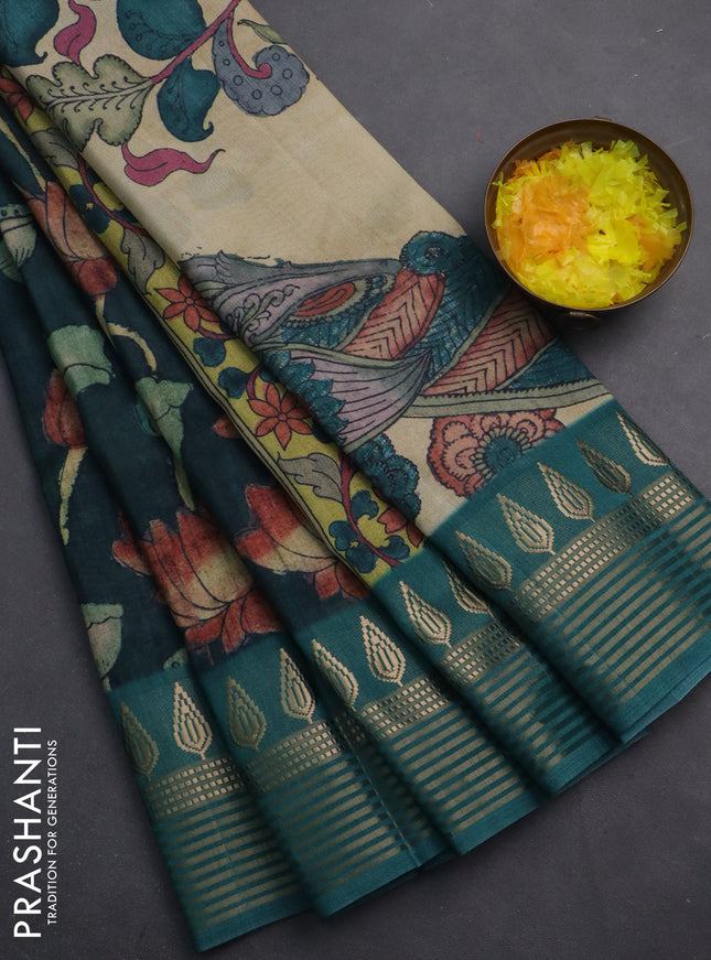 Semi tussar saree bottle green with allover kalamkari prints and zari woven border