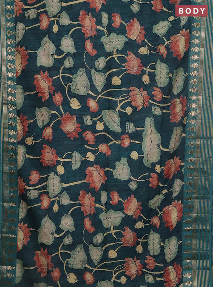 Semi tussar saree bottle green with allover kalamkari prints and zari woven border