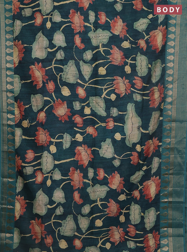 Semi tussar saree bottle green with allover kalamkari prints and zari woven border