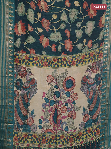 Semi tussar saree bottle green with allover kalamkari prints and zari woven border