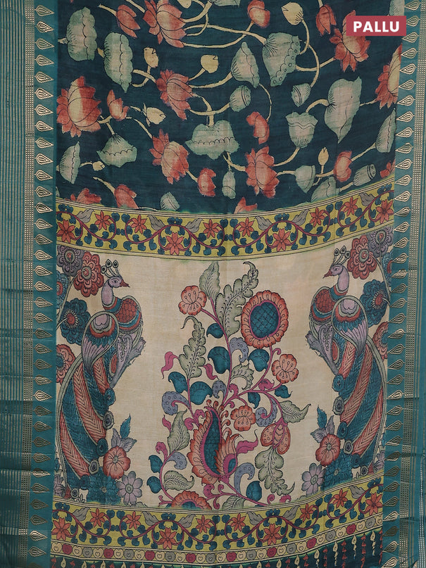Semi tussar saree bottle green with allover kalamkari prints and zari woven border