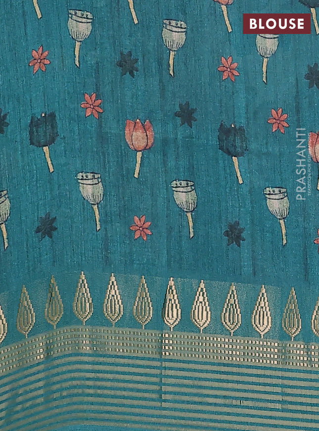 Semi tussar saree bottle green with allover kalamkari prints and zari woven border