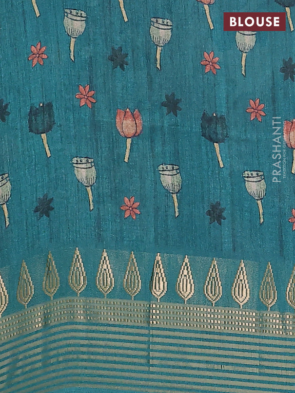 Semi tussar saree bottle green with allover kalamkari prints and zari woven border