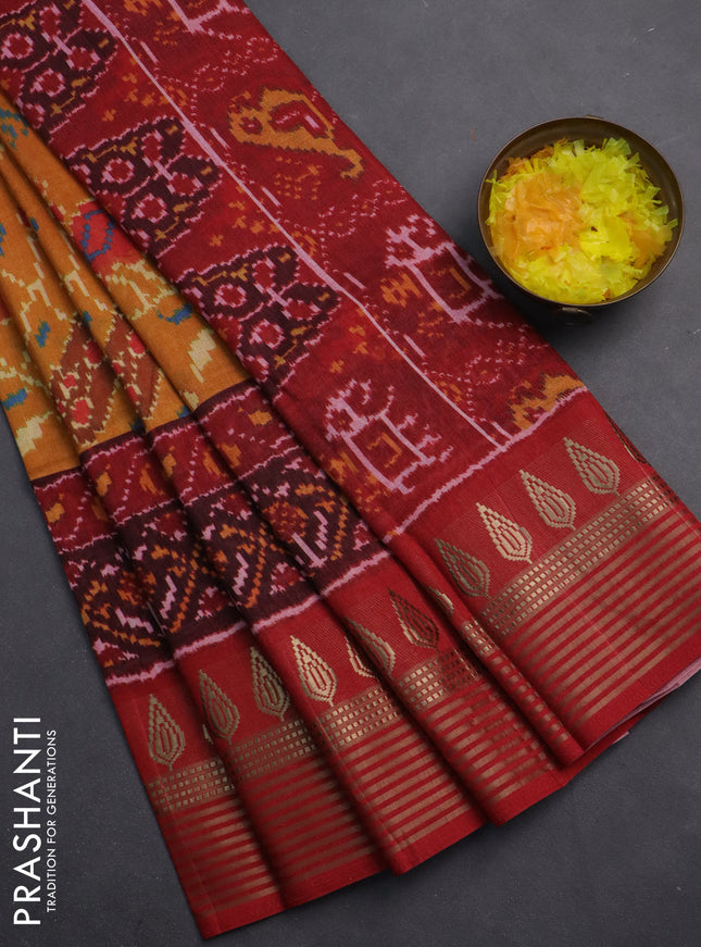 Semi tussar saree mustard yellow and maroon with allover ikat prints and zari woven border