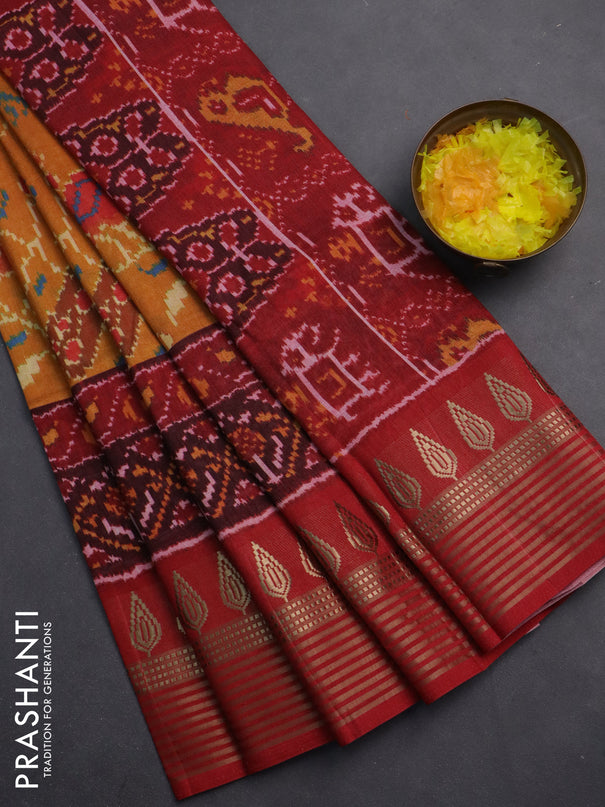 Semi tussar saree mustard yellow and maroon with allover ikat prints and zari woven border