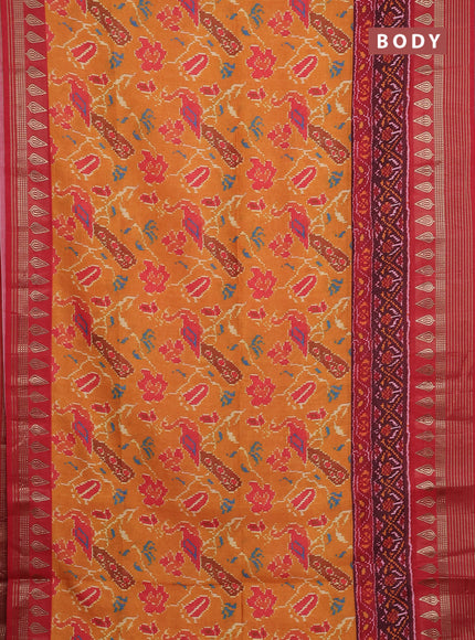 Semi tussar saree mustard yellow and maroon with allover ikat prints and zari woven border