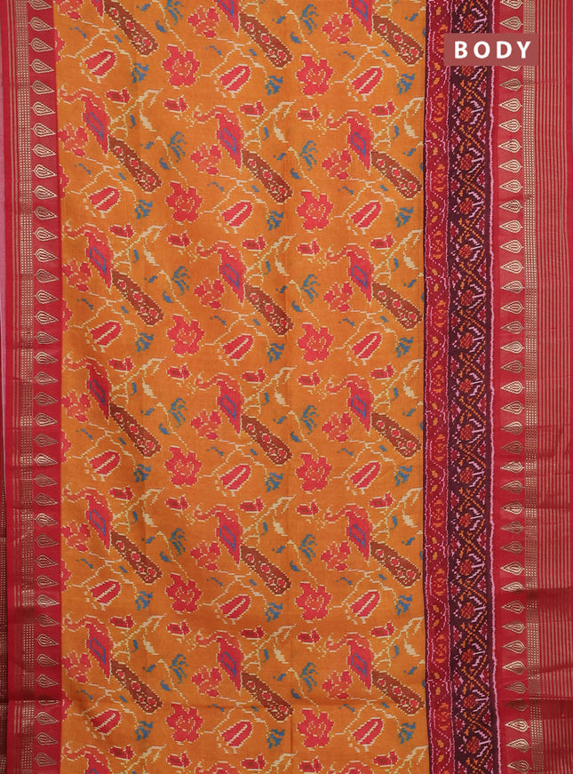 Semi tussar saree mustard yellow and maroon with allover ikat prints and zari woven border