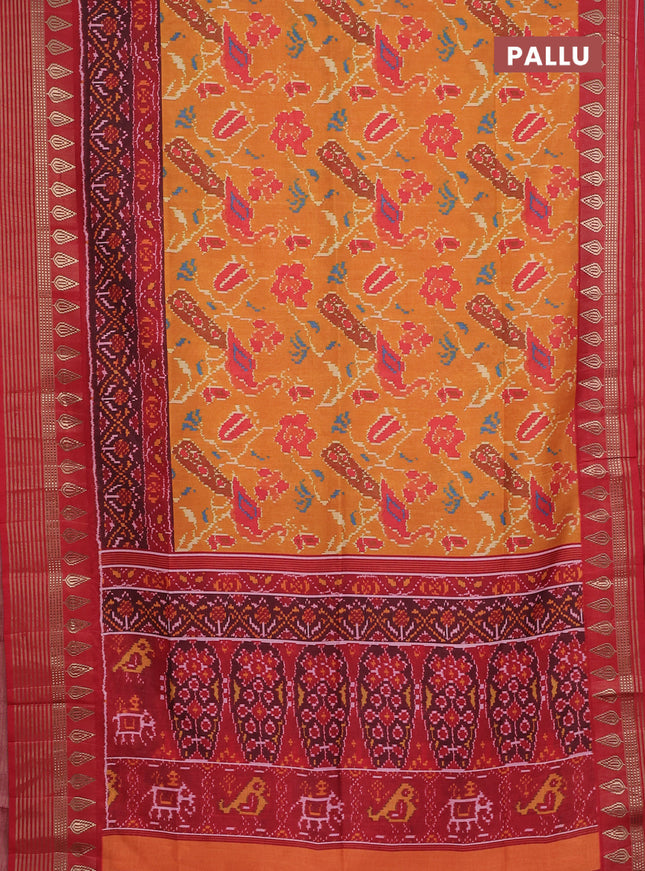Semi tussar saree mustard yellow and maroon with allover ikat prints and zari woven border