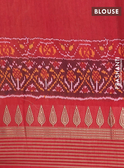 Semi tussar saree mustard yellow and maroon with allover ikat prints and zari woven border