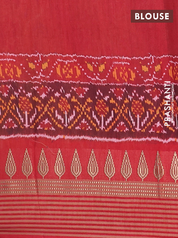 Semi tussar saree mustard yellow and maroon with allover ikat prints and zari woven border