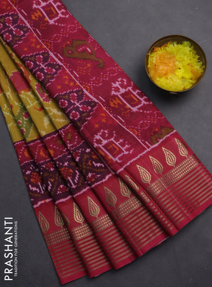 Semi tussar saree mustard yellow and pink with allover ikat prints and zari woven border