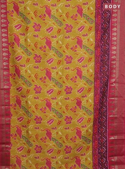 Semi tussar saree mustard yellow and pink with allover ikat prints and zari woven border