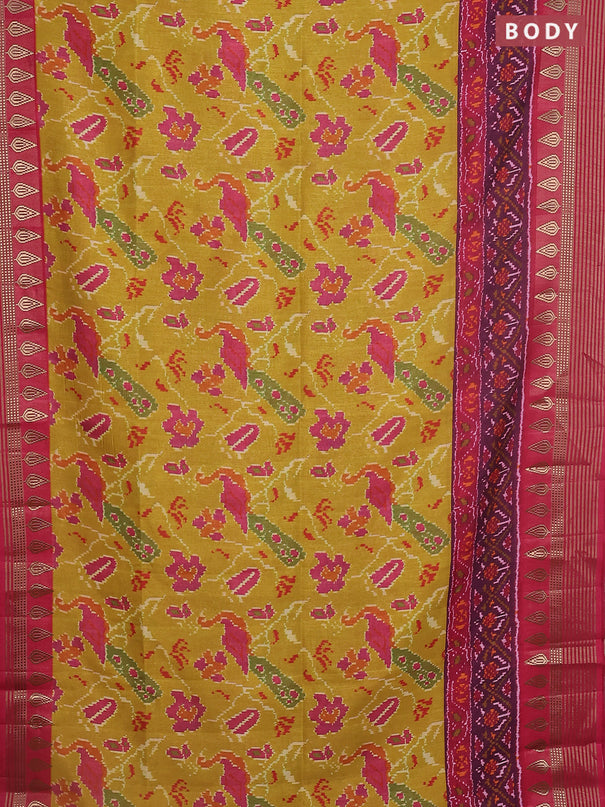 Semi tussar saree mustard yellow and pink with allover ikat prints and zari woven border