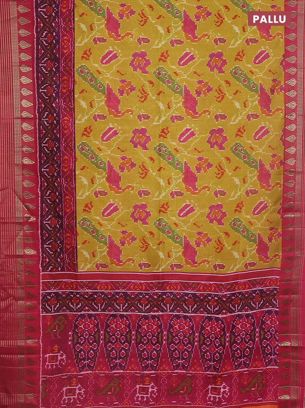 Semi tussar saree mustard yellow and pink with allover ikat prints and zari woven border