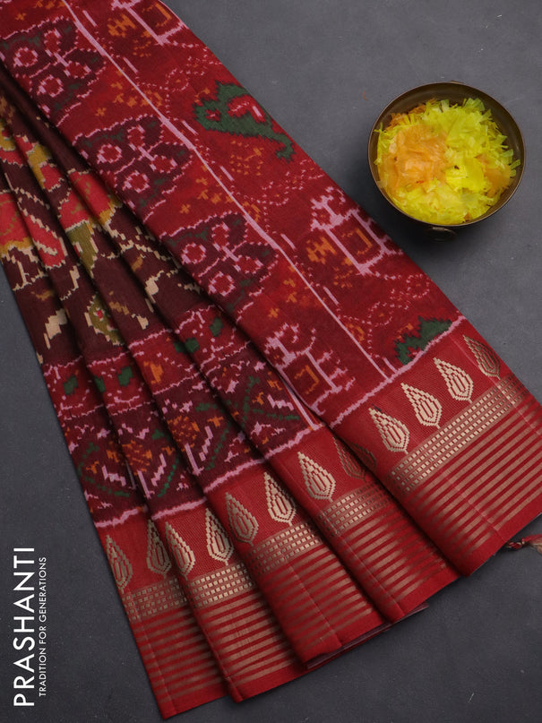 Semi tussar saree deep maroon and red with allover ikat prints and zari woven border