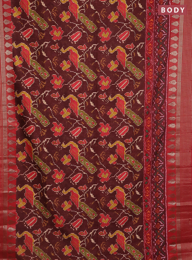 Semi tussar saree deep maroon and red with allover ikat prints and zari woven border