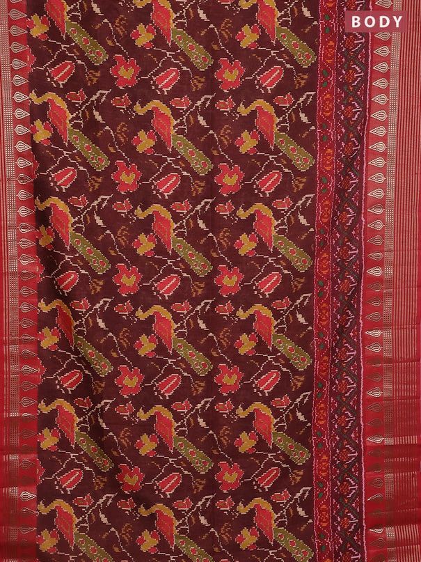 Semi tussar saree deep maroon and red with allover ikat prints and zari woven border