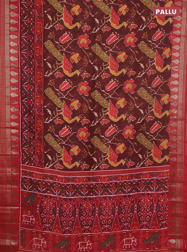 Semi tussar saree deep maroon and red with allover ikat prints and zari woven border