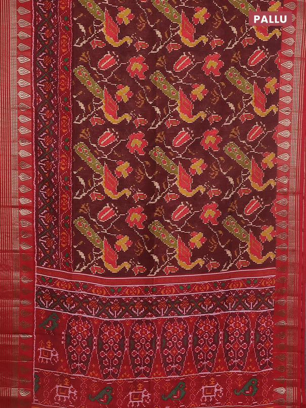 Semi tussar saree deep maroon and red with allover ikat prints and zari woven border