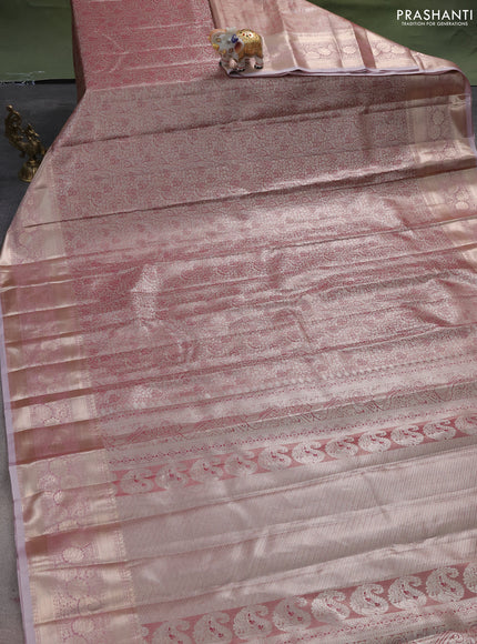 Semi kanchipuram tissue silk saree mauve pink with allover silver zari woven brocade weaves and long zari woven border