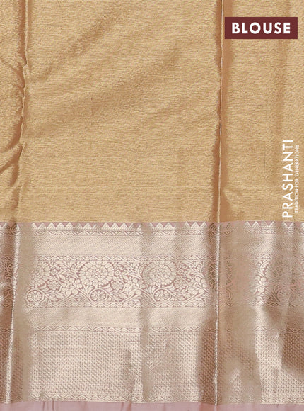 Semi kanchipuram tissue silk saree sandal and pastel peach with allover silver zari woven brocade weaves and long zari woven border