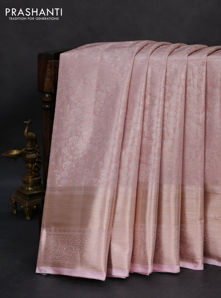 Semi kanchipuram tissue silk saree baby pink with allover silver zari woven brocade weaves and long zari woven border