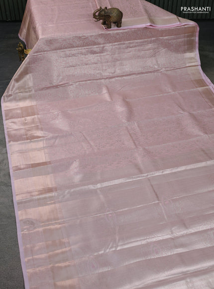 Semi kanchipuram tissue silk saree baby pink with allover silver zari woven brocade weaves and long zari woven border