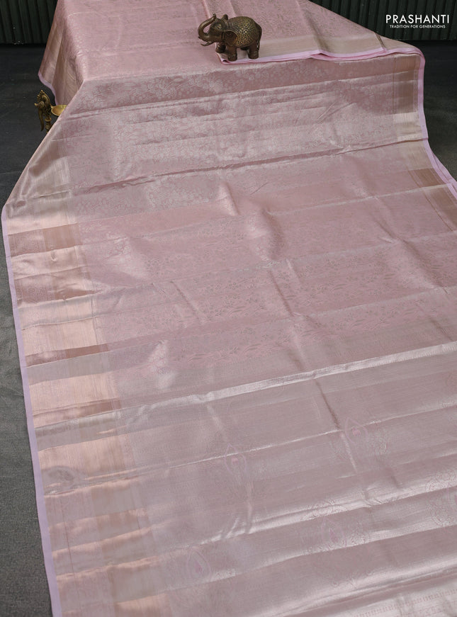 Semi kanchipuram tissue silk saree baby pink with allover silver zari woven brocade weaves and long zari woven border