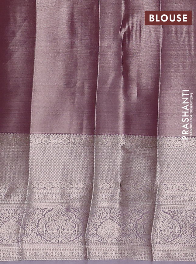 Semi kanchipuram tissue silk saree pastel pink and pastel lavender with allover silver zari woven brocade weaves and long zari woven border
