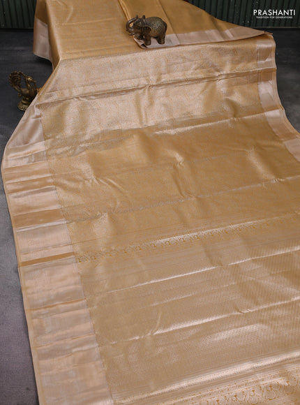 Semi kanchipuram tissue silk saree mustard yellow with allover silver zari woven brocade weaves and long zari woven border