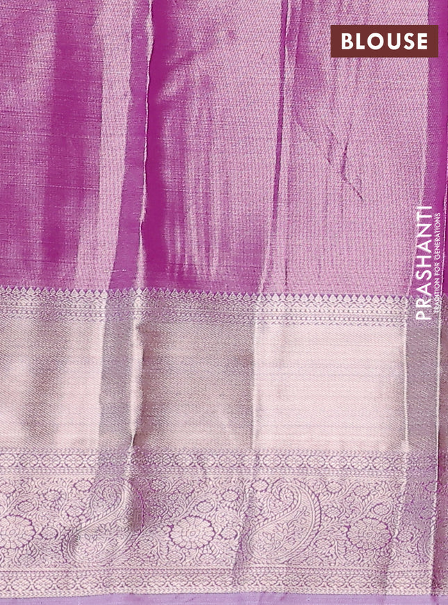Semi kanchipuram tissue silk saree lavender with allover silver zari woven paisley brocade weaves and long zari woven border