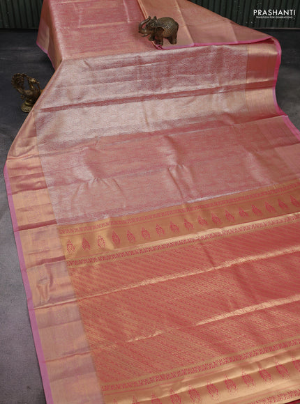 Semi kanchipuram tissue silk saree dual shade of peach and peach pink with allover silver zari woven brocade weaves and zari woven border