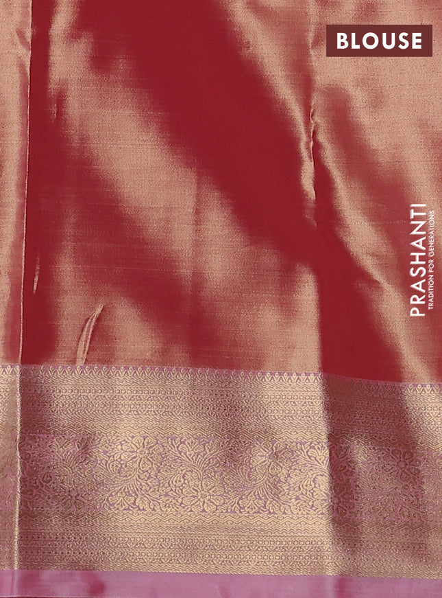 Semi kanchipuram tissue silk saree dual shade of peach and peach pink with allover silver zari woven brocade weaves and zari woven border