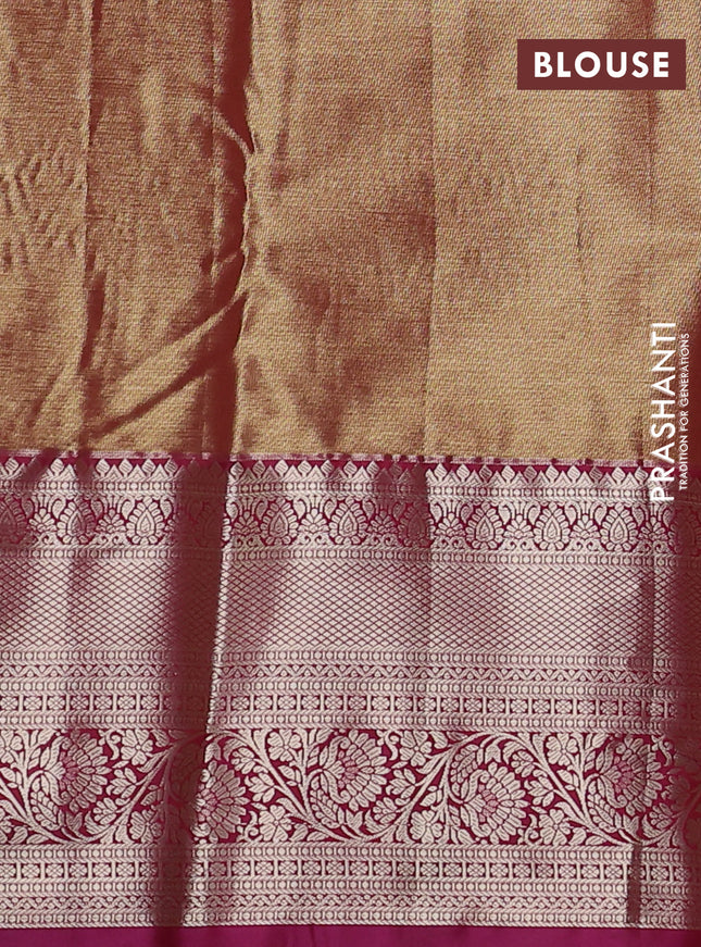 Semi kanchipuram tissue silk saree dual shade of gold and dark magenta pink with allover silver zari woven brocade weaves and long zari woven border