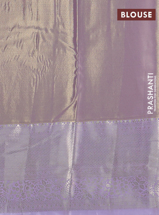 Semi kanchipuram tissue silk saree lavender with allover silver zari woven brocade weaves and zari woven border