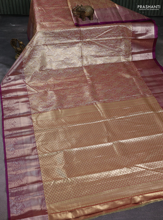 Semi kanchipuram tissue silk saree dual shade of maroon and purple with allover silver zari woven brocade weaves and zari woven border