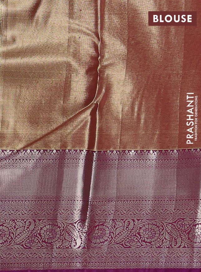 Semi kanchipuram tissue silk saree dual shade of maroon and purple with allover silver zari woven brocade weaves and zari woven border
