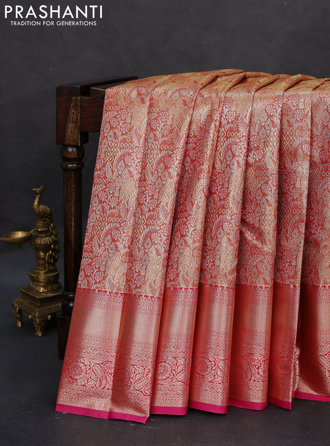 Semi kanchipuram tissue silk saree dual shade of red and pink with allover silver zari woven brocade weaves and long zari woven border