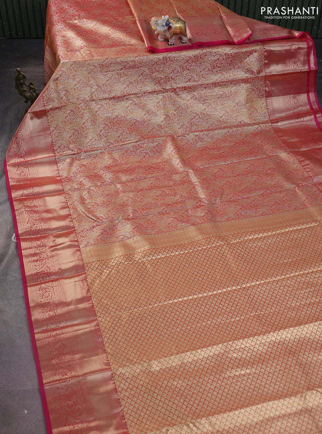 Semi kanchipuram tissue silk saree dual shade of red and pink with allover silver zari woven brocade weaves and long zari woven border