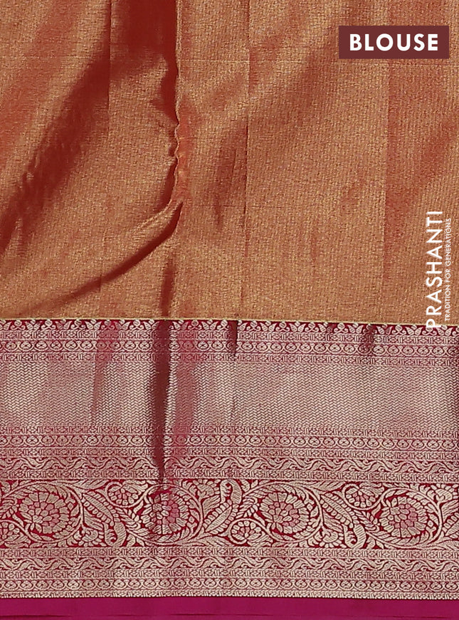 Semi kanchipuram tissue silk saree dual shade of red and pink with allover silver zari woven brocade weaves and long zari woven border