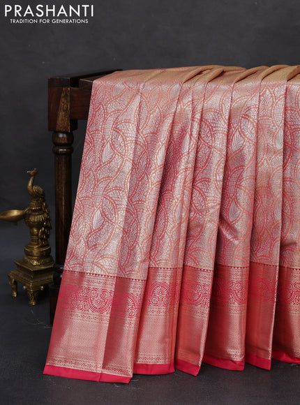 Semi kanchipuram tissue silk saree dual shade of reddish gold and reddish pink with allover silver zari woven brocade weaves and zari woven border