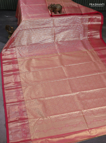 Semi kanchipuram tissue silk saree dual shade of reddish gold and reddish pink with allover silver zari woven brocade weaves and zari woven border