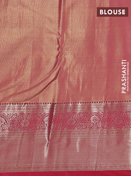Semi kanchipuram tissue silk saree dual shade of reddish gold and reddish pink with allover silver zari woven brocade weaves and zari woven border